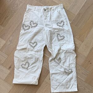 BDG Modified Cream Cargo Pants w/ Rhinestone Hearts
